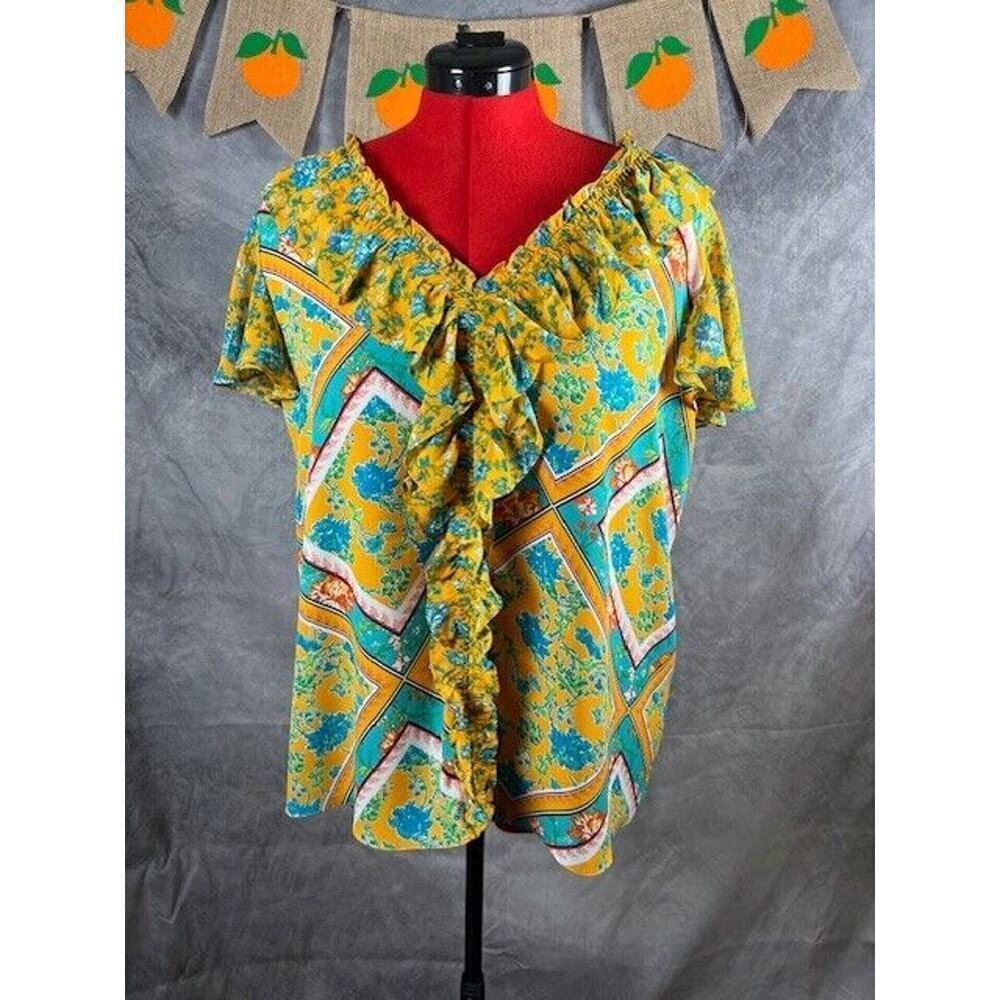 Cato Ladies Size XL Yellow-Multi Color V Neck Ruffled Short Sleeved Blouse